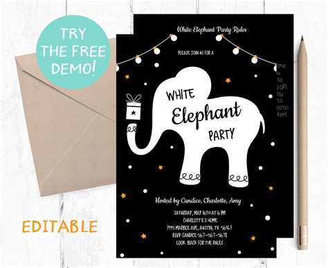 editable white elephant party invitation white elephant etsy uk