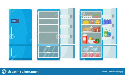 vlakke koelkastvector gesloten en open lege ijskast de blauwe koelkast met gezond voedsel water
