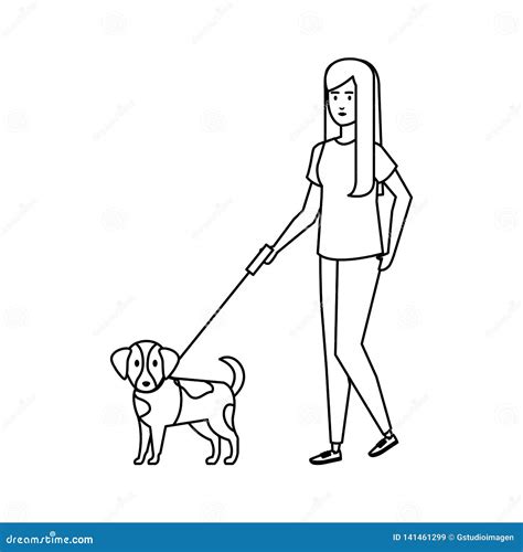 young woman walking  dog stock vector illustration  office
