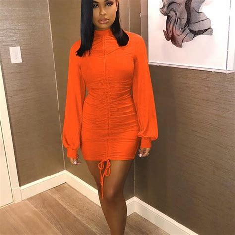 Hualong Club Sexy Fitted Long Sleeve Orange Cocktail Dress