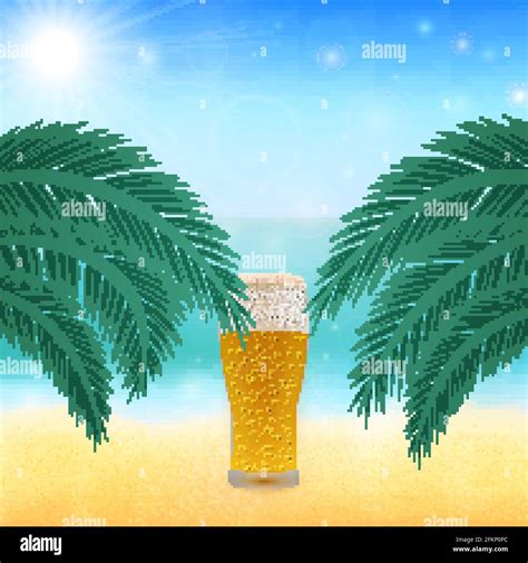 Summer Vector Background With Tropical Beach Sea And Glass Of Beer