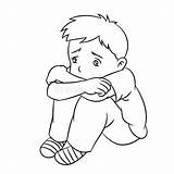 Sad Boy Lonely Cartoon Child Line Sitting Alone Drawing Vector Illustration Drawn Kid Stock Ideal Informational Student Catalogs Coloring Institutional sketch template