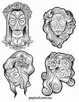 Coloring Pages Halloween Sugar Adult Skull Tattoos Dead Mädchen Rosary Garter Book Girls Skulls sketch template