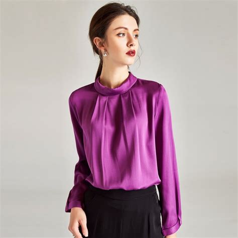 buy  heavy silk blouse women shirt simple design  neck long sleeves solid