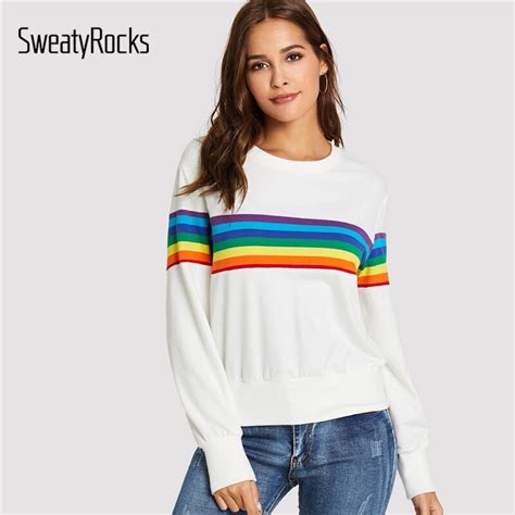 Sweatyrocks Rainbow Stripe Sweatshirt Women Autumn Clothes White