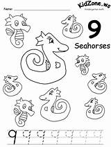 Number Worksheet Ocean Trace Preschool Coloring Worksheets Animals Kindergarten Seahorse Seahorses Animal Math Activity Kids Elephant Ws Color Write Counting sketch template