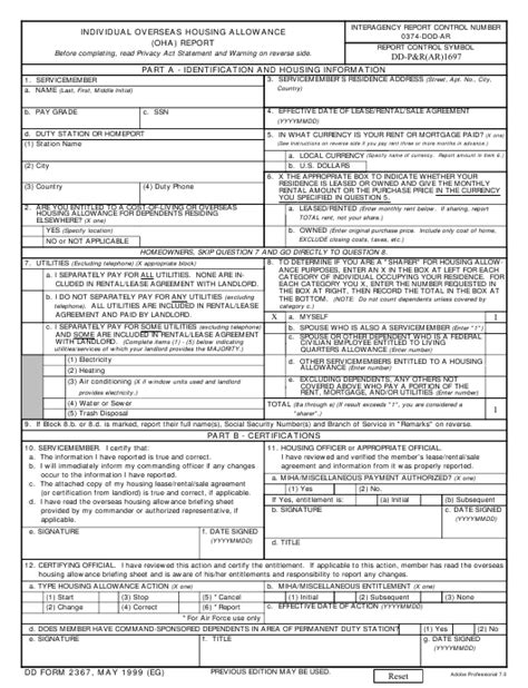 Dd Form 2367 Download Fillable Pdf Individual Overseas Housing