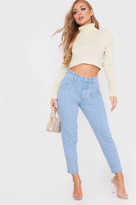 Billie Faiers Blue Mid Wash Denim Pleat Detail Mom Jeans In The Style
