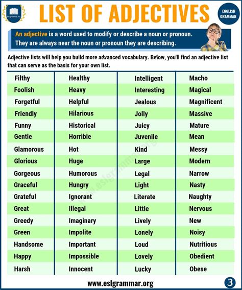 list  adjectives   adjectives examples      exercises esl grammar