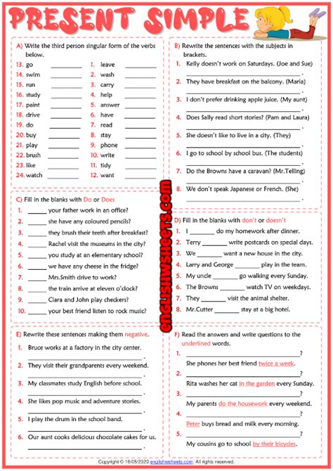present simple tense esl grammar exercises test worksheet