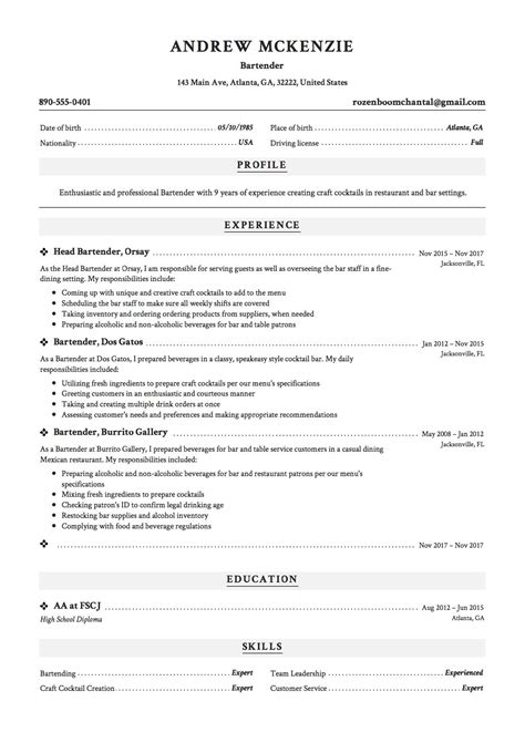 bartender resume sample template  cv resume examples