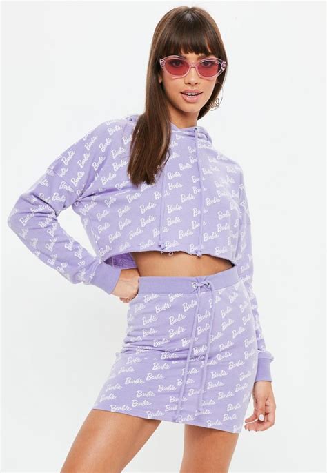 Missguided Barbie X Missguided Lilac Logo Print Cropped Hoodie Long