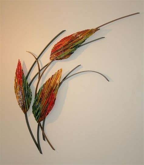 Hand Made Three Leaves Fused Glass And Metal Wall Art By