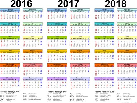 2016 2017 2018 calendar word and excel