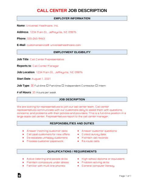 call center job description template sample  word eforms