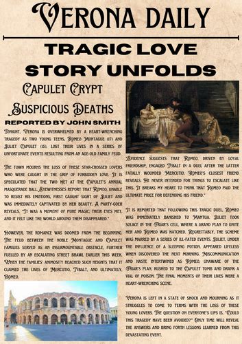 shakespeare themed newspaper wagoll romeo juliet teaching resources