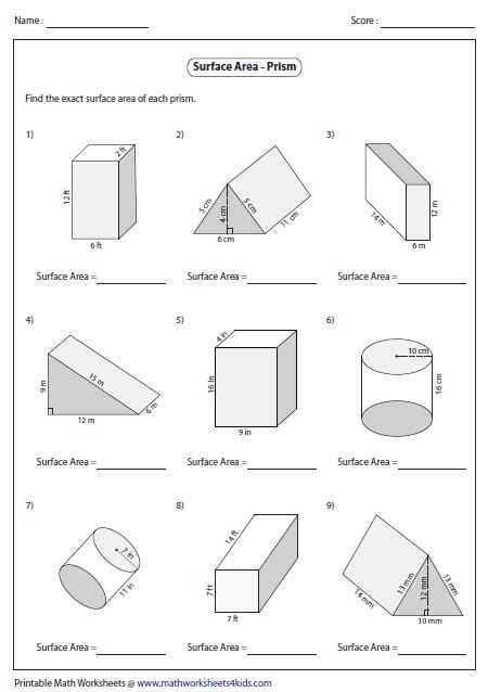 surface area worksheets