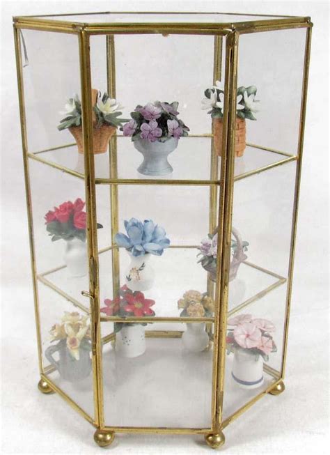 Small Glass Display Case W Miniature Porcelain Flowers