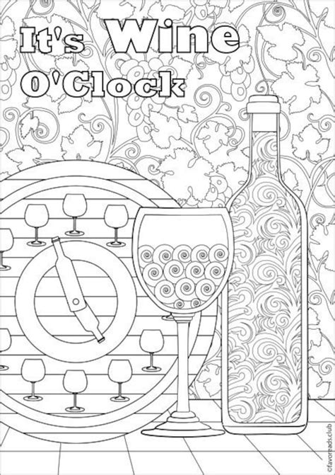wine oclock printable adult coloring page  etsy