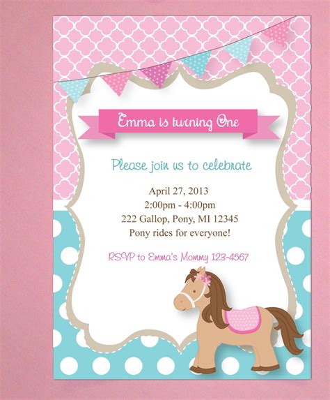 pony birthday invitations horse party pastel printed