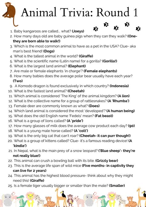 animal trivia questions  answers printable