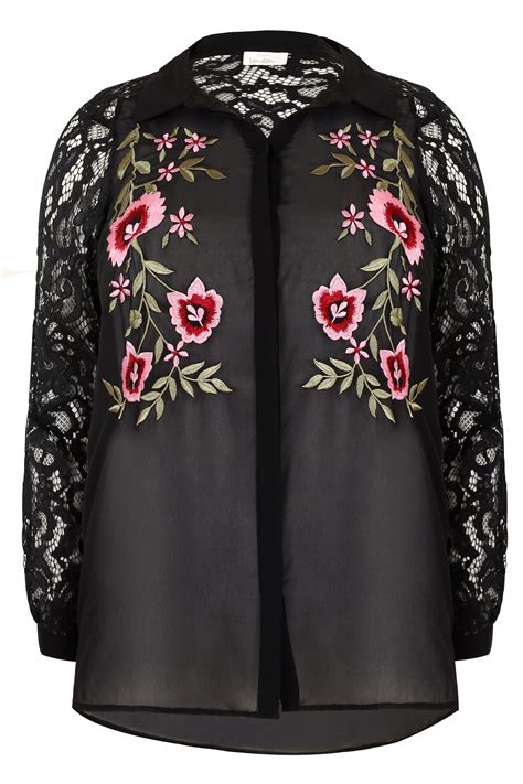 Yours London Black Floral Embroidered Shirt With Lace Sleeves Plus
