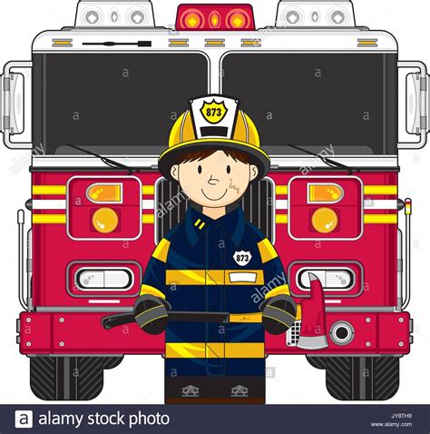 cute cartoon fireman firefighter with fire engine vector