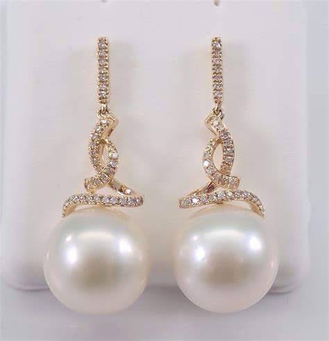 12 Mm Pearl And Diamond Dangle Drop Earrings 14k Yellow Gold June