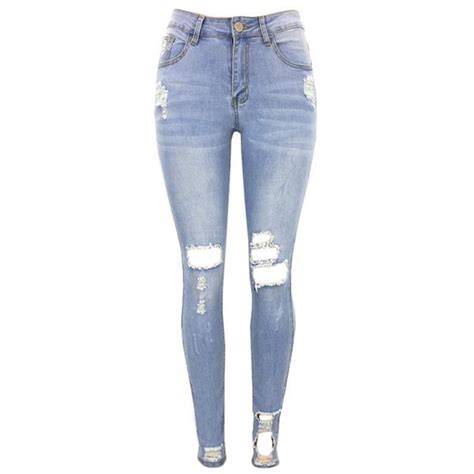 Women Jeans Stretch Washed Denim Ripped Holes Mid Waist