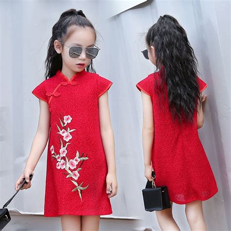 2017 Summer Teens Cute Dress Cotton Lace Cheongsam Plum Embroidery