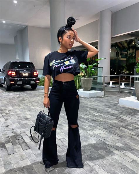 outfits  flare jeans black girl fashion killa crop top date outfits  rise pants