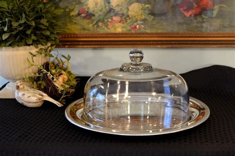 Large Silver Plate Serving Platter With Crystal Cake Dome