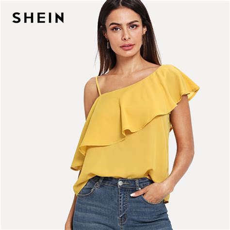 Buy Shein Yellow Party Elegant Sexy Asymmetrical Neck