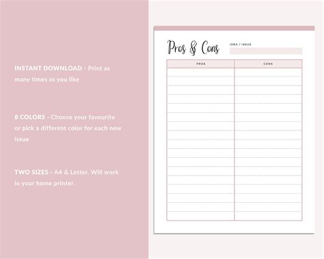 printable pros  cons list instant  print  home etsy