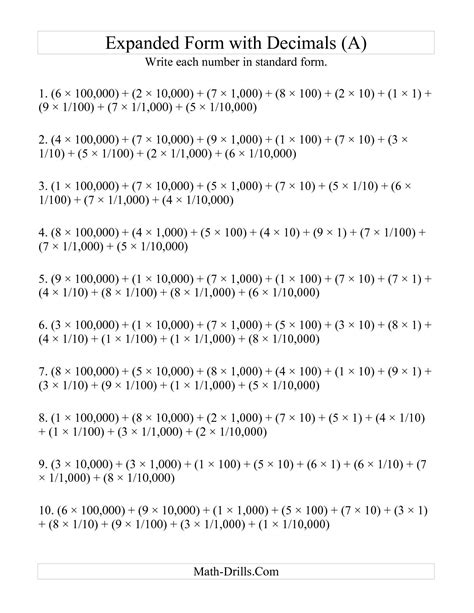 expanded form  decimals worksheets