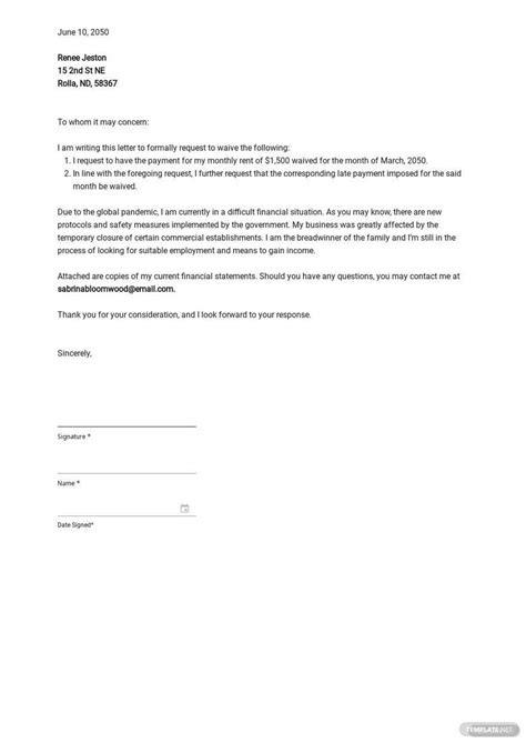 waiver  penalty letter template  google docs word template net