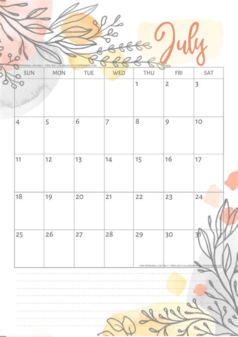 july  calendar pretty printable template cute freebies