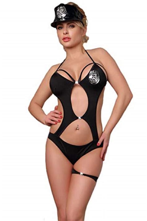 women sexy black 3 piece police officer lingerie costume silver badge