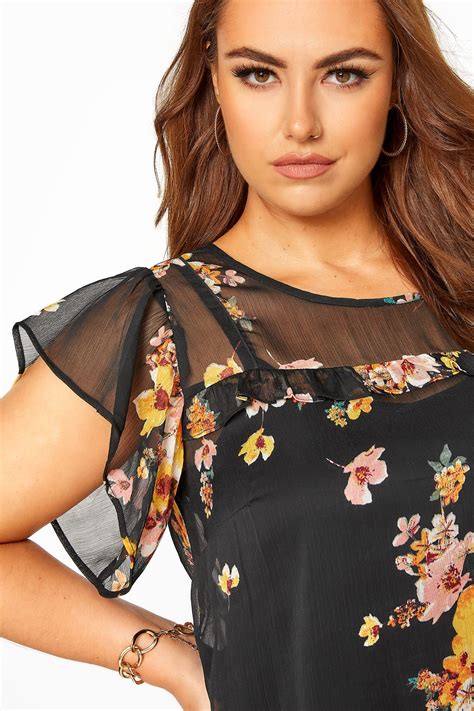 black floral frill chiffon blouse  clothing