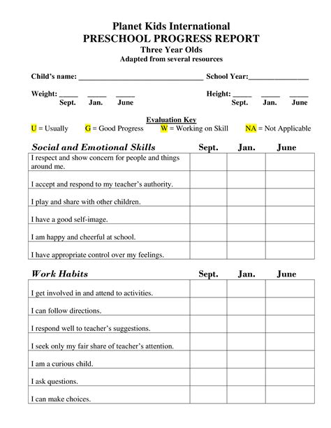 preschool weekly report template