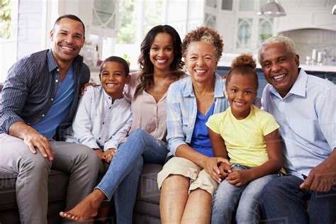 group portrait  multi generation black family  home stock photo