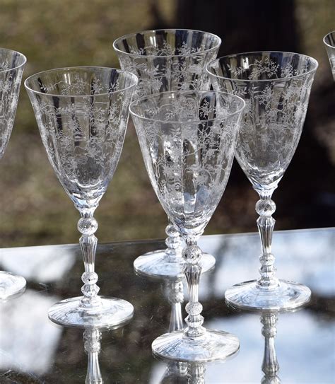vintage needle etched crystal wine glasses set   fostoria chintz