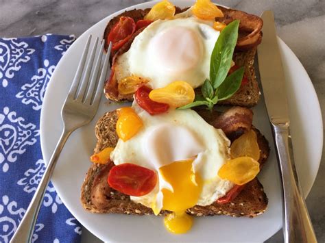 warm cherry tomato bacon egg toasts recipe  love laugh food