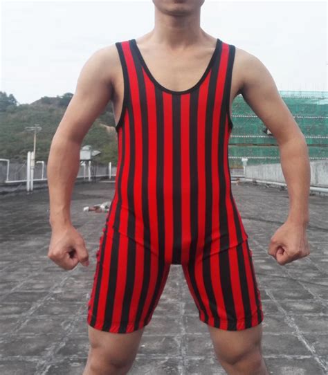 Mens Vertical Stripe Tight Suit One Piece Wrestling Singlet Youth