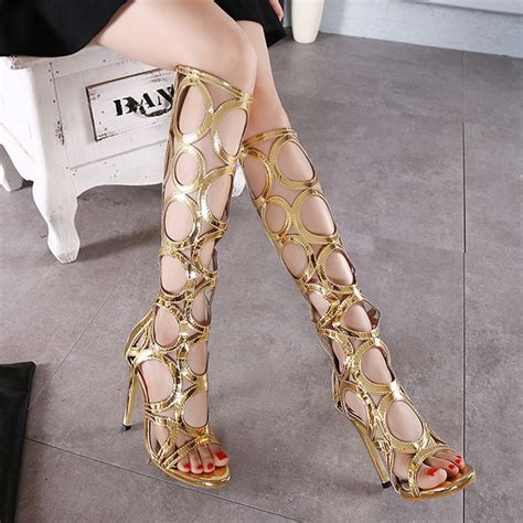 2017 europe elegant sexy knee high gladiator sandals women hollow out