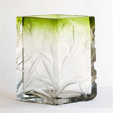 Antique Moser Clear To Green Intaglio Cut Vase With Floral Motif From