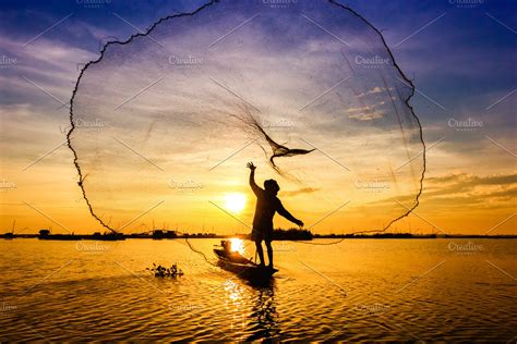 fishermen throwing net fishing high quality nature stock