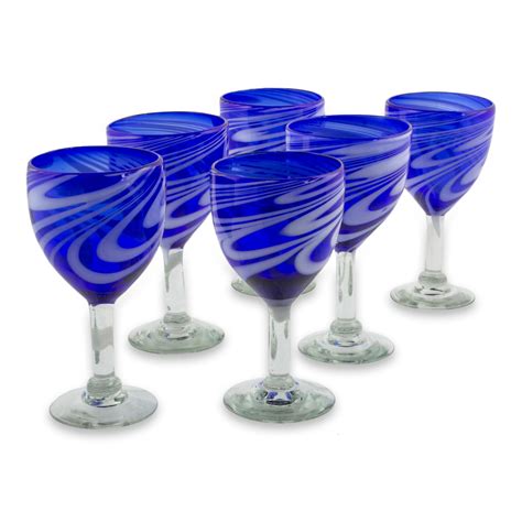 hand blown  oz blue white wine glasses  mexico whirling