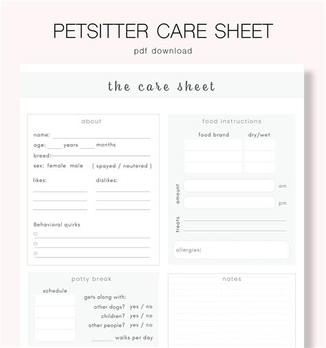 petsitter care sheet printable pet care pet info sheet etsy pet