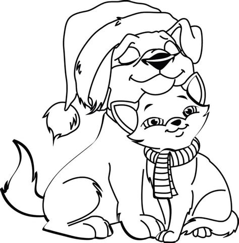 hond en kat met kerstmis kleurplaat kinderen kleurplaat